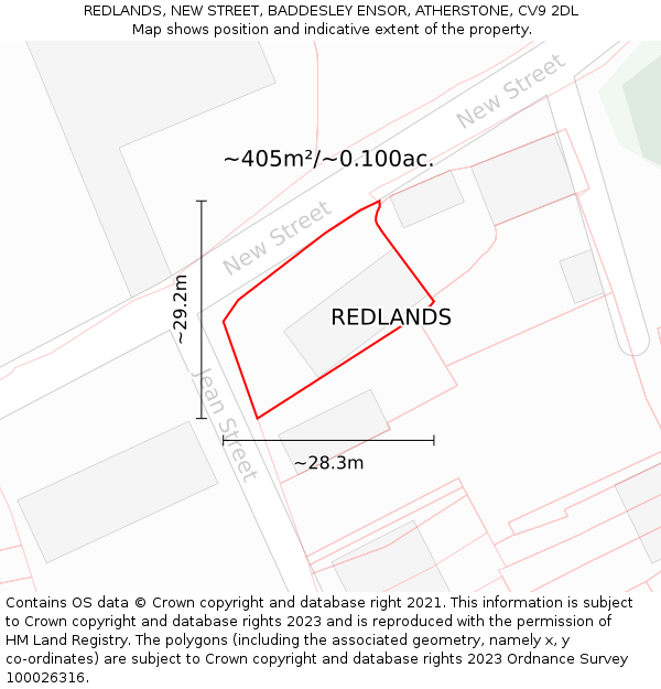 REDLANDS, NEW STREET, BADDESLEY ENSOR, ATHERSTONE, CV9 2DL: Plot and title map
