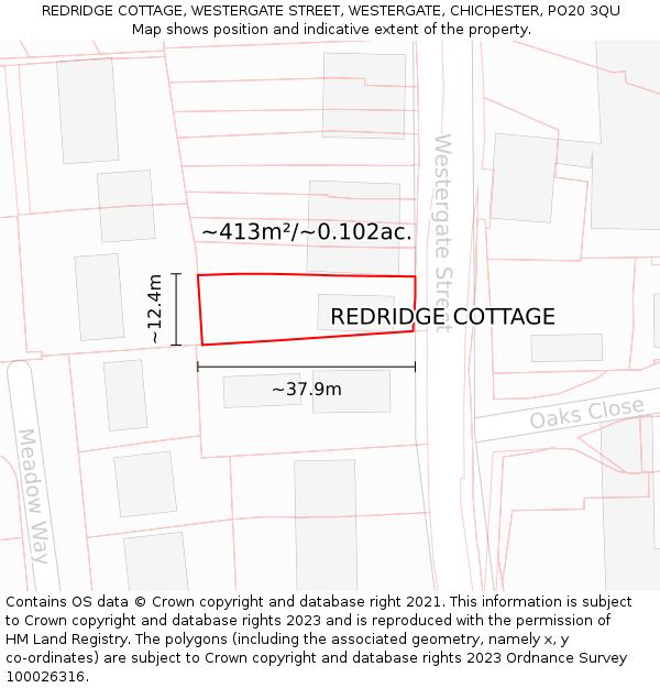 REDRIDGE COTTAGE, WESTERGATE STREET, WESTERGATE, CHICHESTER, PO20 3QU: Plot and title map