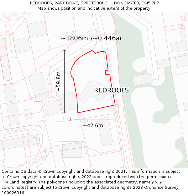 REDROOFS, PARK DRIVE, SPROTBROUGH, DONCASTER, DN5 7LP: Plot and title map
