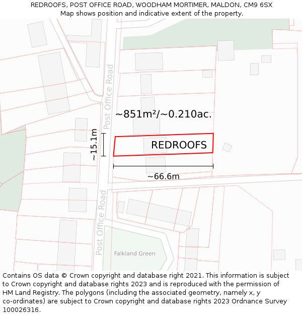 REDROOFS, POST OFFICE ROAD, WOODHAM MORTIMER, MALDON, CM9 6SX: Plot and title map