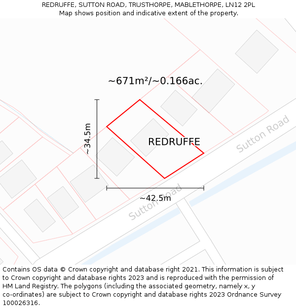 REDRUFFE, SUTTON ROAD, TRUSTHORPE, MABLETHORPE, LN12 2PL: Plot and title map