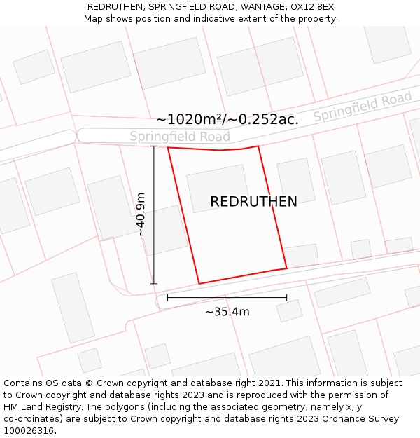 REDRUTHEN, SPRINGFIELD ROAD, WANTAGE, OX12 8EX: Plot and title map