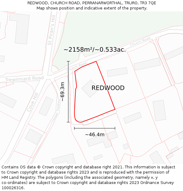REDWOOD, CHURCH ROAD, PERRANARWORTHAL, TRURO, TR3 7QE: Plot and title map