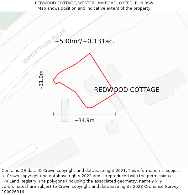REDWOOD COTTAGE, WESTERHAM ROAD, OXTED, RH8 0SW: Plot and title map