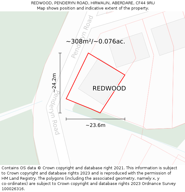 REDWOOD, PENDERYN ROAD, HIRWAUN, ABERDARE, CF44 9RU: Plot and title map