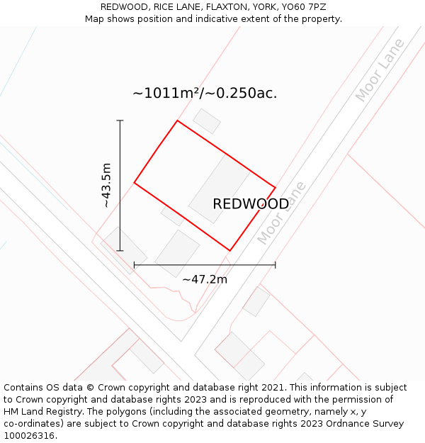 REDWOOD, RICE LANE, FLAXTON, YORK, YO60 7PZ: Plot and title map