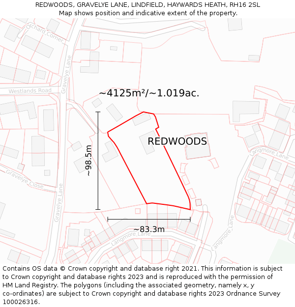 REDWOODS, GRAVELYE LANE, LINDFIELD, HAYWARDS HEATH, RH16 2SL: Plot and title map