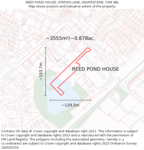 REED POND HOUSE, STATION LANE, INGATESTONE, CM4 0BL: Plot and title map