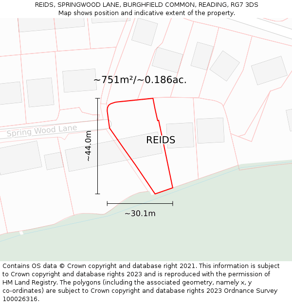 REIDS, SPRINGWOOD LANE, BURGHFIELD COMMON, READING, RG7 3DS: Plot and title map