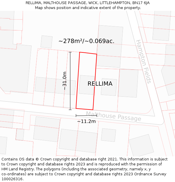 RELLIMA, MALTHOUSE PASSAGE, WICK, LITTLEHAMPTON, BN17 6JA: Plot and title map
