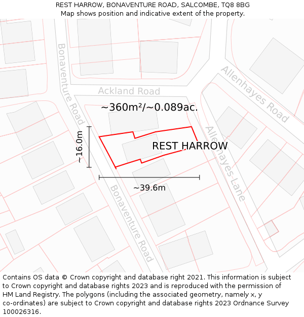 REST HARROW, BONAVENTURE ROAD, SALCOMBE, TQ8 8BG: Plot and title map