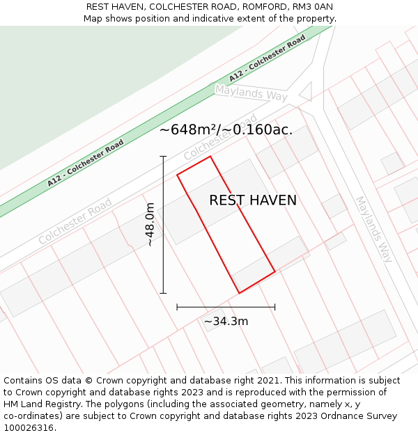 REST HAVEN, COLCHESTER ROAD, ROMFORD, RM3 0AN: Plot and title map