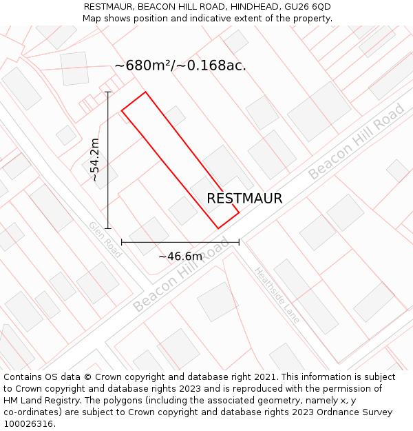 RESTMAUR, BEACON HILL ROAD, HINDHEAD, GU26 6QD: Plot and title map