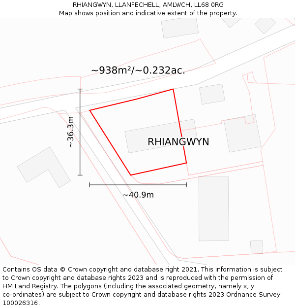 RHIANGWYN, LLANFECHELL, AMLWCH, LL68 0RG: Plot and title map