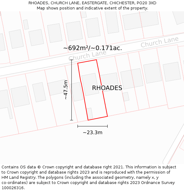 RHOADES, CHURCH LANE, EASTERGATE, CHICHESTER, PO20 3XD: Plot and title map