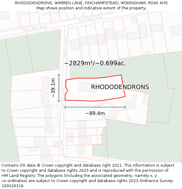 RHODODENDRONS, WARREN LANE, FINCHAMPSTEAD, WOKINGHAM, RG40 4HS: Plot and title map