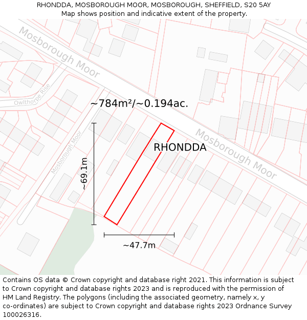 RHONDDA, MOSBOROUGH MOOR, MOSBOROUGH, SHEFFIELD, S20 5AY: Plot and title map