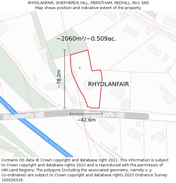 RHYDLANFAIR, SHEPHERDS HILL, MERSTHAM, REDHILL, RH1 3AD: Plot and title map