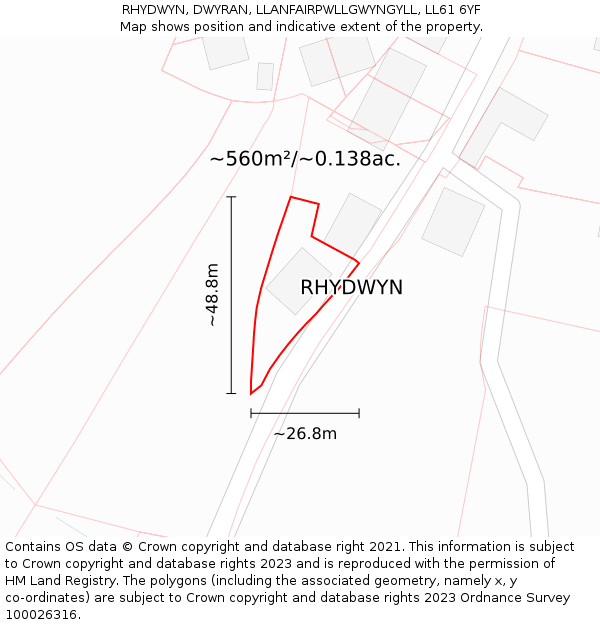 RHYDWYN, DWYRAN, LLANFAIRPWLLGWYNGYLL, LL61 6YF: Plot and title map