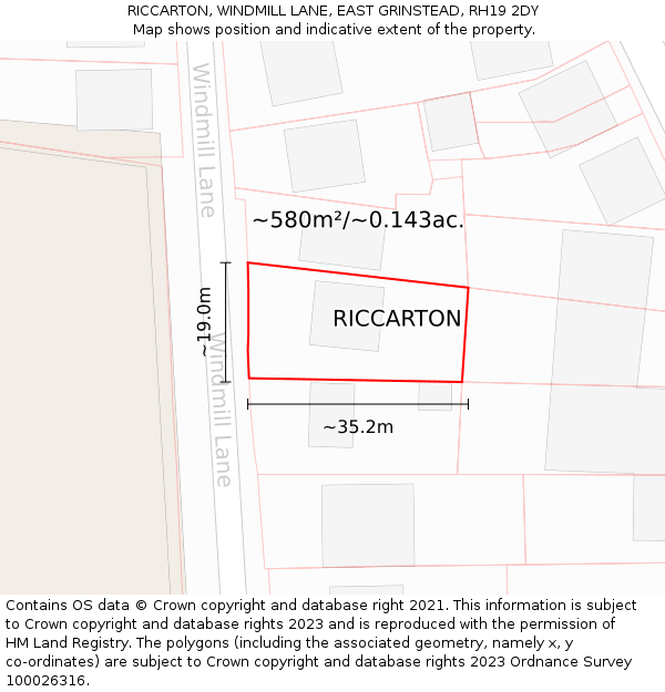 RICCARTON, WINDMILL LANE, EAST GRINSTEAD, RH19 2DY: Plot and title map