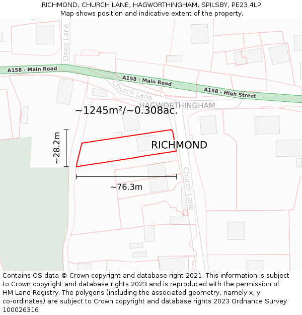 RICHMOND, CHURCH LANE, HAGWORTHINGHAM, SPILSBY, PE23 4LP: Plot and title map