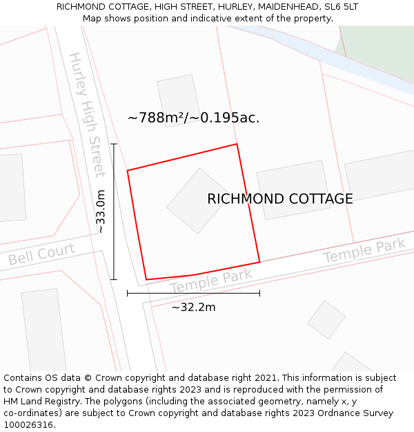 RICHMOND COTTAGE, HIGH STREET, HURLEY, MAIDENHEAD, SL6 5LT: Plot and title map