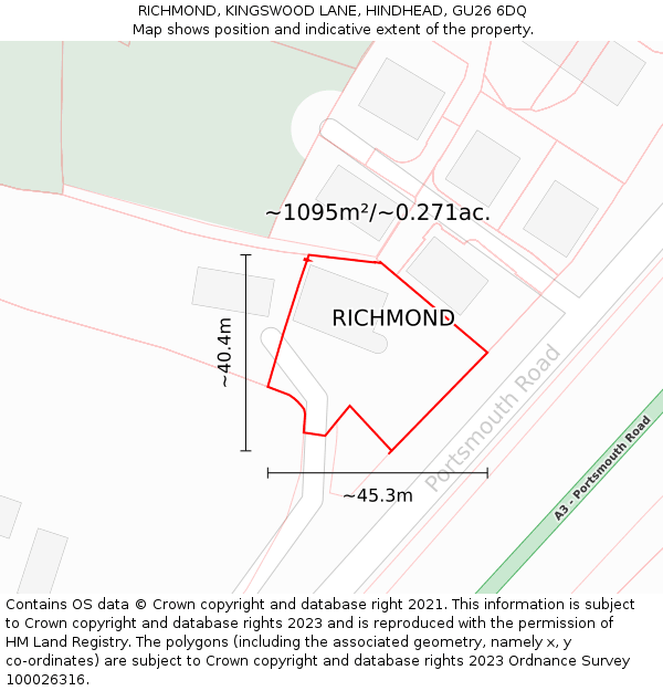 RICHMOND, KINGSWOOD LANE, HINDHEAD, GU26 6DQ: Plot and title map