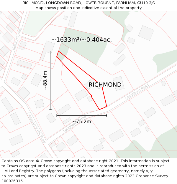 RICHMOND, LONGDOWN ROAD, LOWER BOURNE, FARNHAM, GU10 3JS: Plot and title map