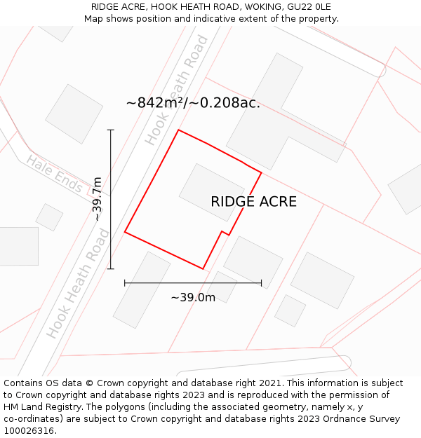 RIDGE ACRE, HOOK HEATH ROAD, WOKING, GU22 0LE: Plot and title map
