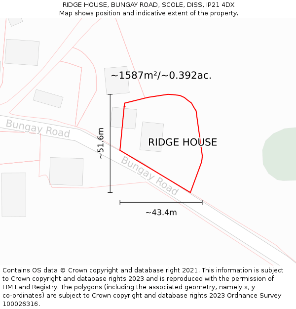 RIDGE HOUSE, BUNGAY ROAD, SCOLE, DISS, IP21 4DX: Plot and title map