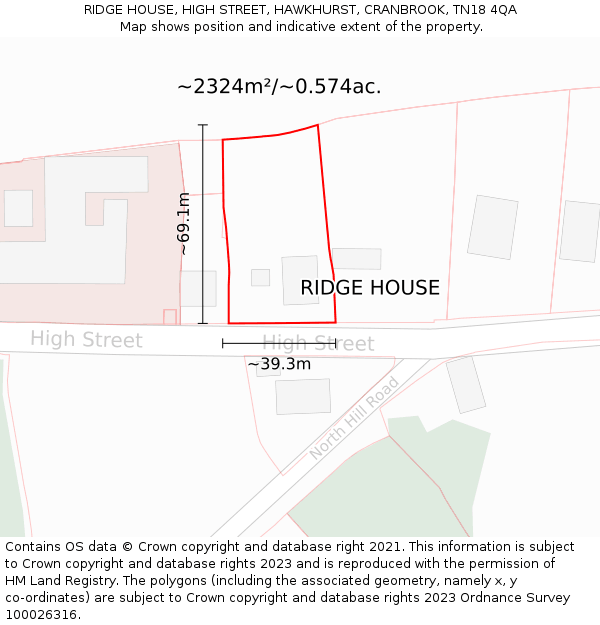 RIDGE HOUSE, HIGH STREET, HAWKHURST, CRANBROOK, TN18 4QA: Plot and title map