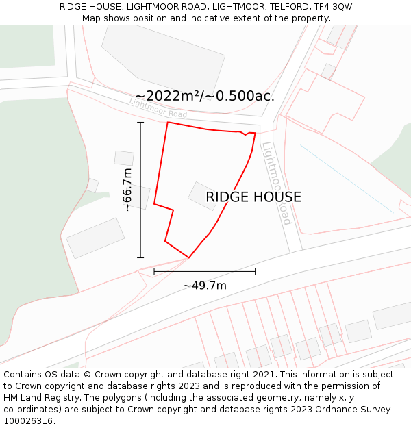 RIDGE HOUSE, LIGHTMOOR ROAD, LIGHTMOOR, TELFORD, TF4 3QW: Plot and title map