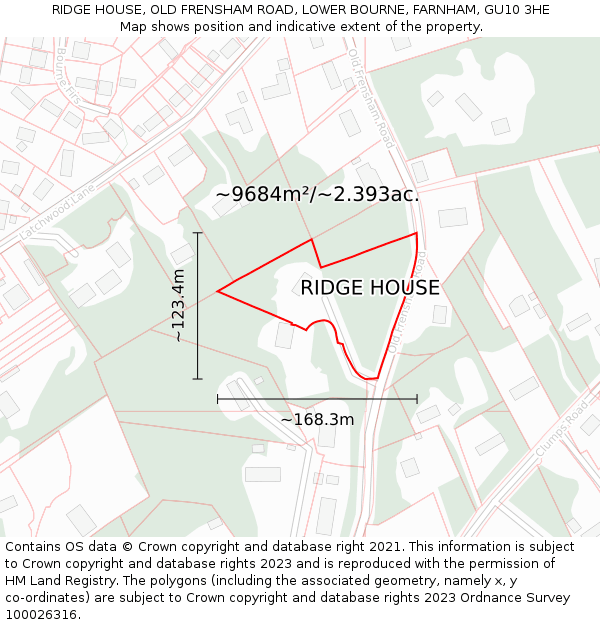 RIDGE HOUSE, OLD FRENSHAM ROAD, LOWER BOURNE, FARNHAM, GU10 3HE: Plot and title map