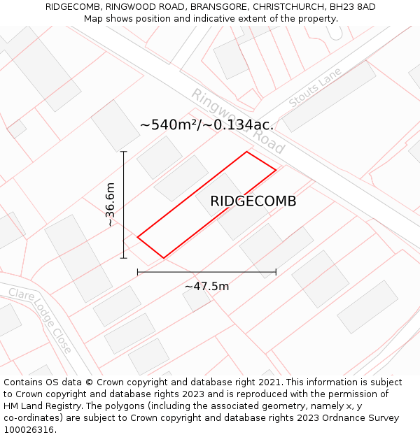 RIDGECOMB, RINGWOOD ROAD, BRANSGORE, CHRISTCHURCH, BH23 8AD: Plot and title map