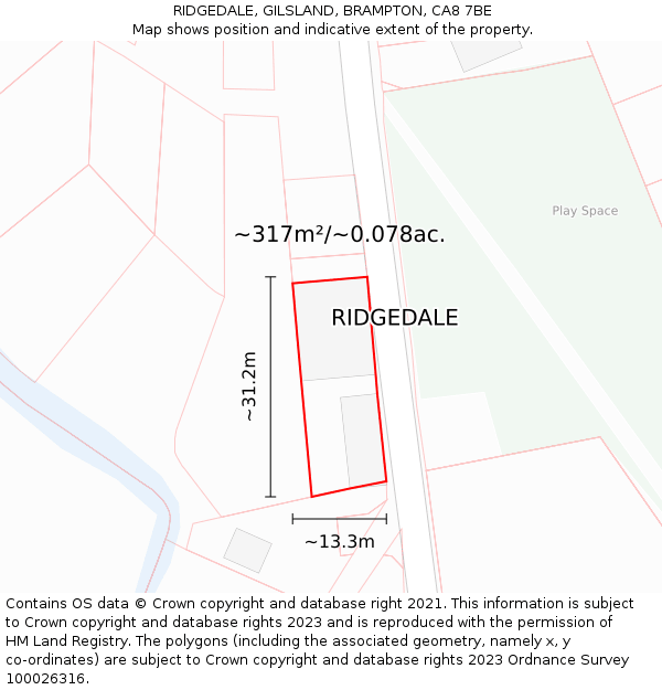 RIDGEDALE, GILSLAND, BRAMPTON, CA8 7BE: Plot and title map