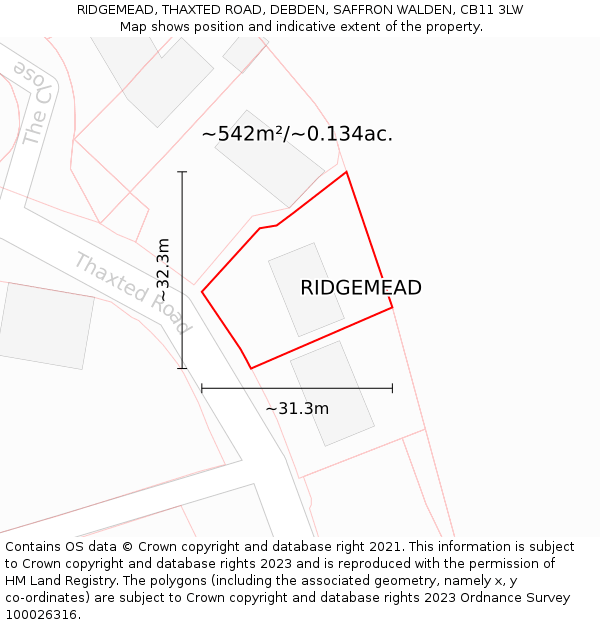 RIDGEMEAD, THAXTED ROAD, DEBDEN, SAFFRON WALDEN, CB11 3LW: Plot and title map