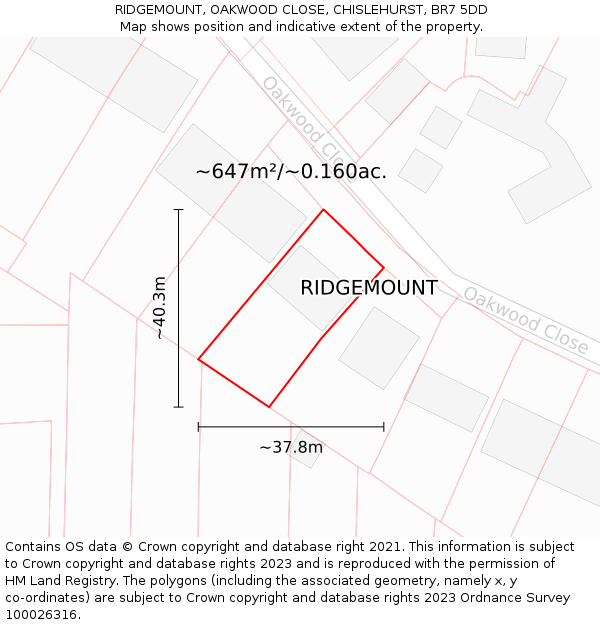 RIDGEMOUNT, OAKWOOD CLOSE, CHISLEHURST, BR7 5DD: Plot and title map