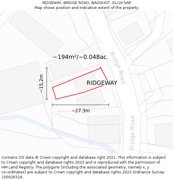 RIDGEWAY, BRIDGE ROAD, BAGSHOT, GU19 5AR: Plot and title map