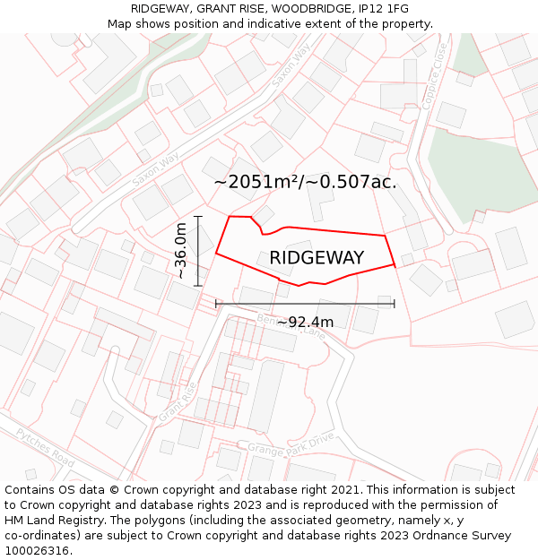 RIDGEWAY, GRANT RISE, WOODBRIDGE, IP12 1FG: Plot and title map
