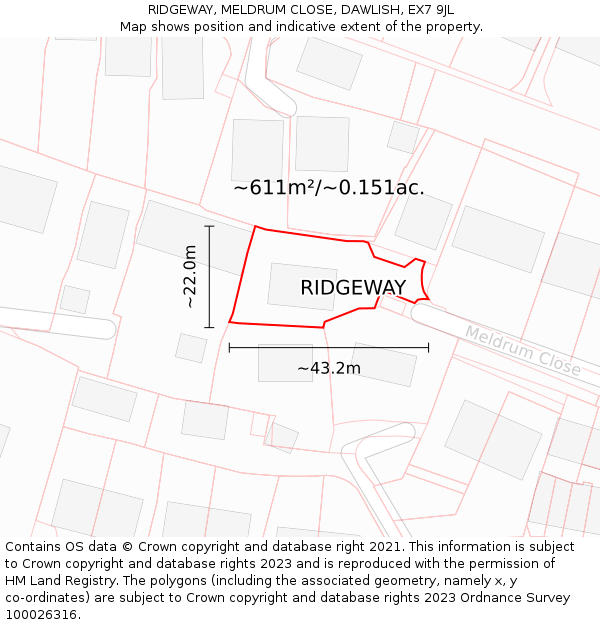 RIDGEWAY, MELDRUM CLOSE, DAWLISH, EX7 9JL: Plot and title map