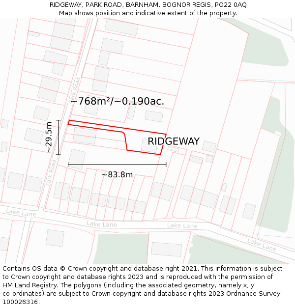 RIDGEWAY, PARK ROAD, BARNHAM, BOGNOR REGIS, PO22 0AQ: Plot and title map
