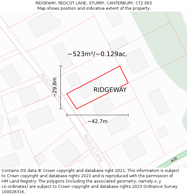 RIDGEWAY, REDCOT LANE, STURRY, CANTERBURY, CT2 0ES: Plot and title map