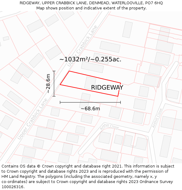 RIDGEWAY, UPPER CRABBICK LANE, DENMEAD, WATERLOOVILLE, PO7 6HQ: Plot and title map