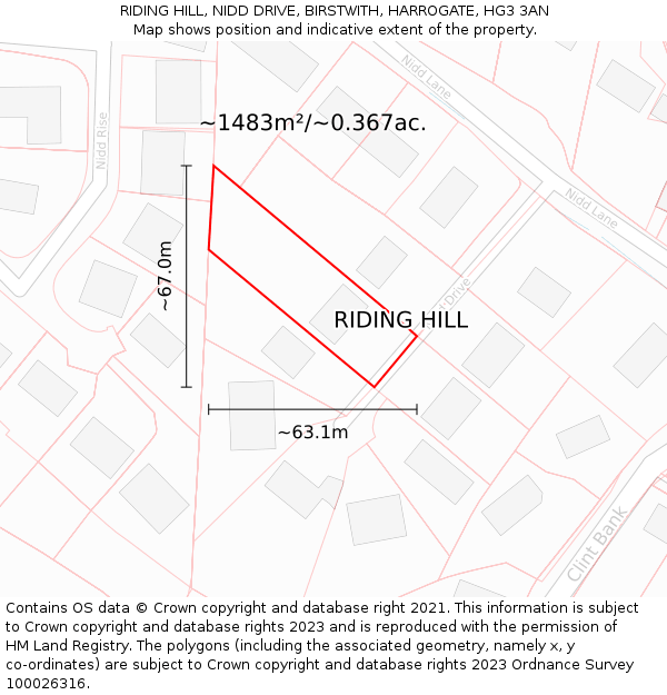 RIDING HILL, NIDD DRIVE, BIRSTWITH, HARROGATE, HG3 3AN: Plot and title map