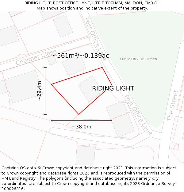 RIDING LIGHT, POST OFFICE LANE, LITTLE TOTHAM, MALDON, CM9 8JL: Plot and title map