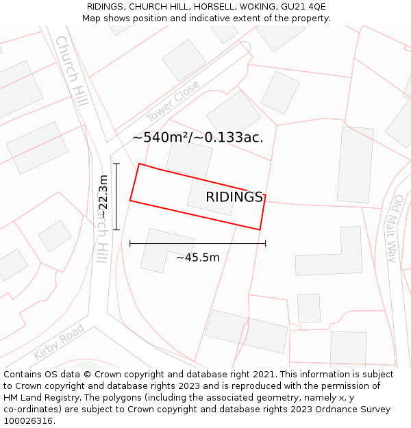 RIDINGS, CHURCH HILL, HORSELL, WOKING, GU21 4QE: Plot and title map