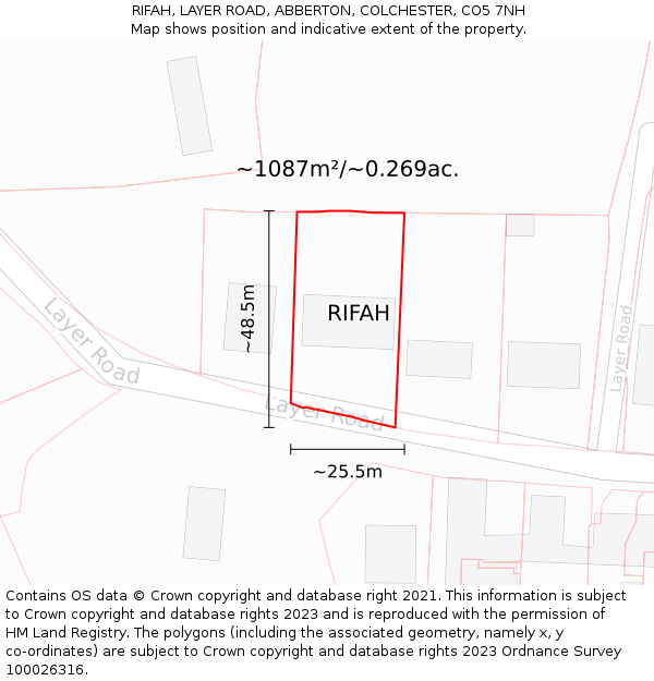 RIFAH, LAYER ROAD, ABBERTON, COLCHESTER, CO5 7NH: Plot and title map
