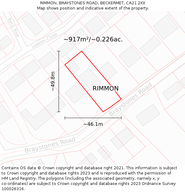 RIMMON, BRAYSTONES ROAD, BECKERMET, CA21 2XX: Plot and title map