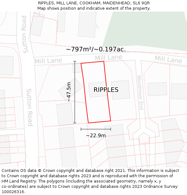 RIPPLES, MILL LANE, COOKHAM, MAIDENHEAD, SL6 9QR: Plot and title map