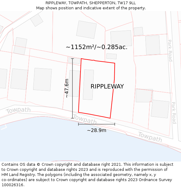 RIPPLEWAY, TOWPATH, SHEPPERTON, TW17 9LL: Plot and title map